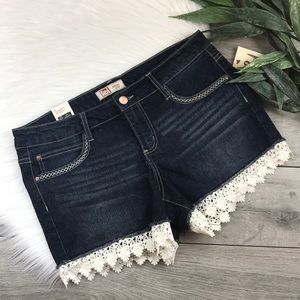 LL.e.i lowrise ashley denim lace shorts.